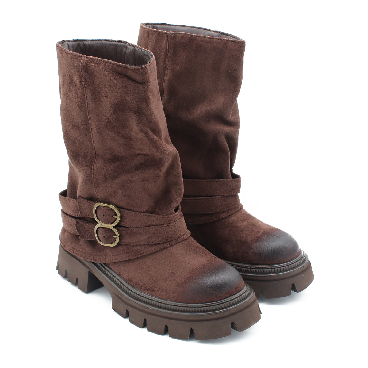 STIVALE CHUNKY CON FIBBIE MARRONE 