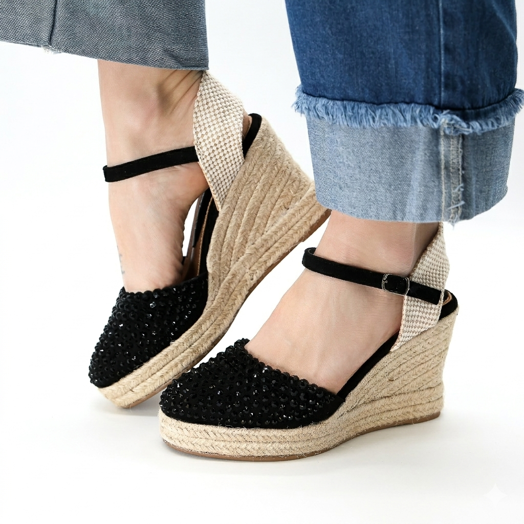 SANDALO ZEPPA CORDA STRASS NERO 