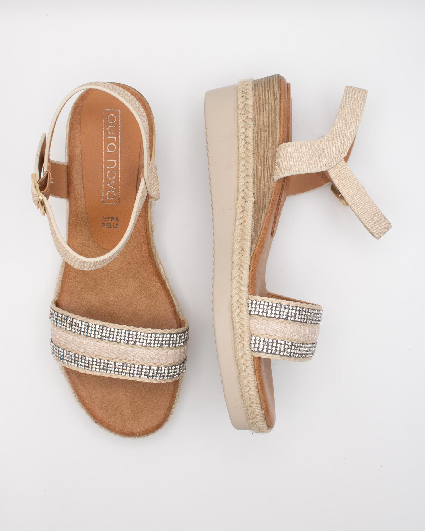 SANDALO ZEPPA TESSUTO STRASS BEIGE 