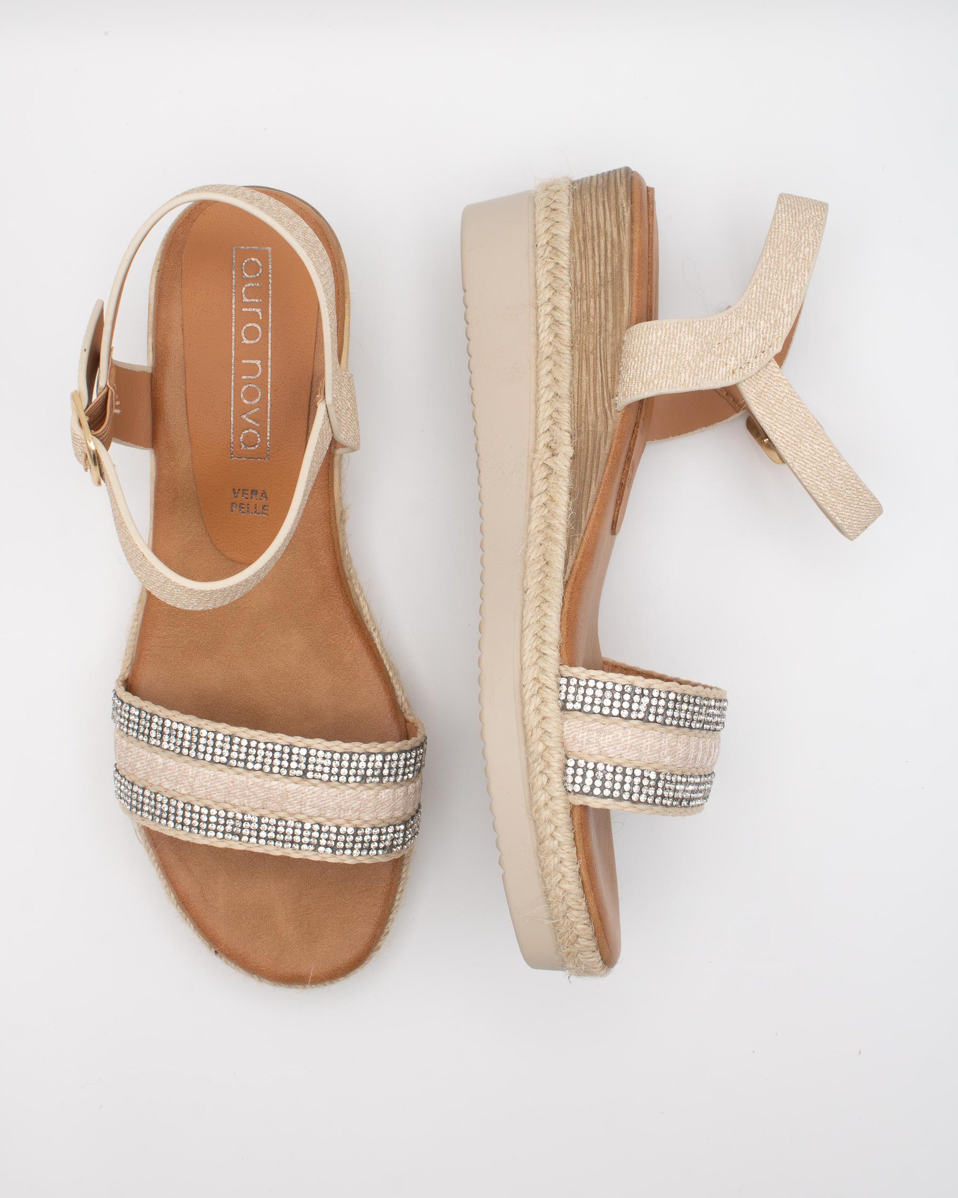 SANDALO ZEPPA TESSUTO STRASS BEIGE 