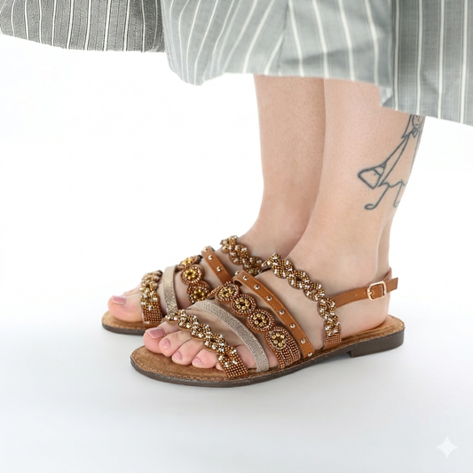 SANDALO FLAT PERLINE CAMEL 