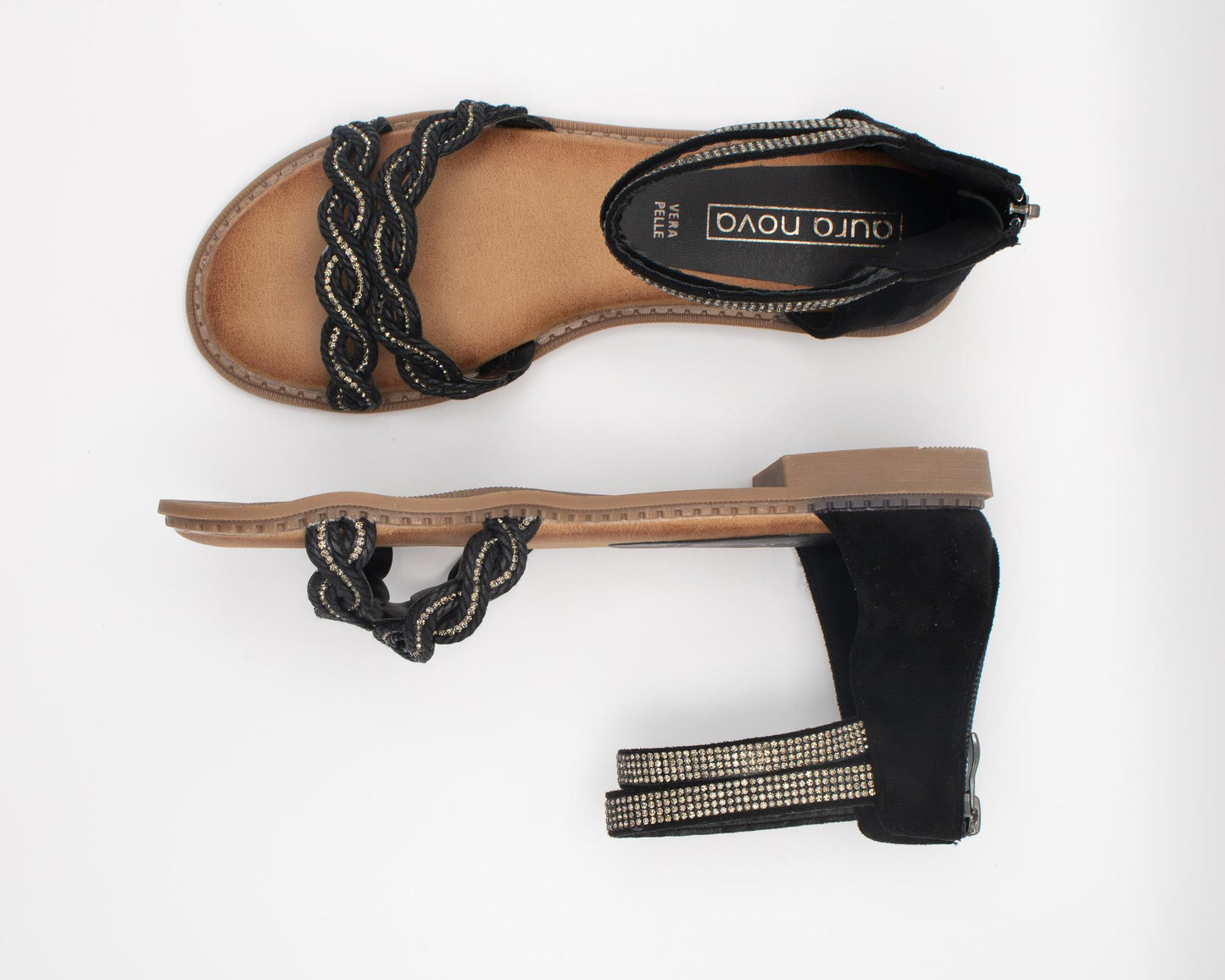 SANDALO FLAT INTRECCIATO STRASS NERO 