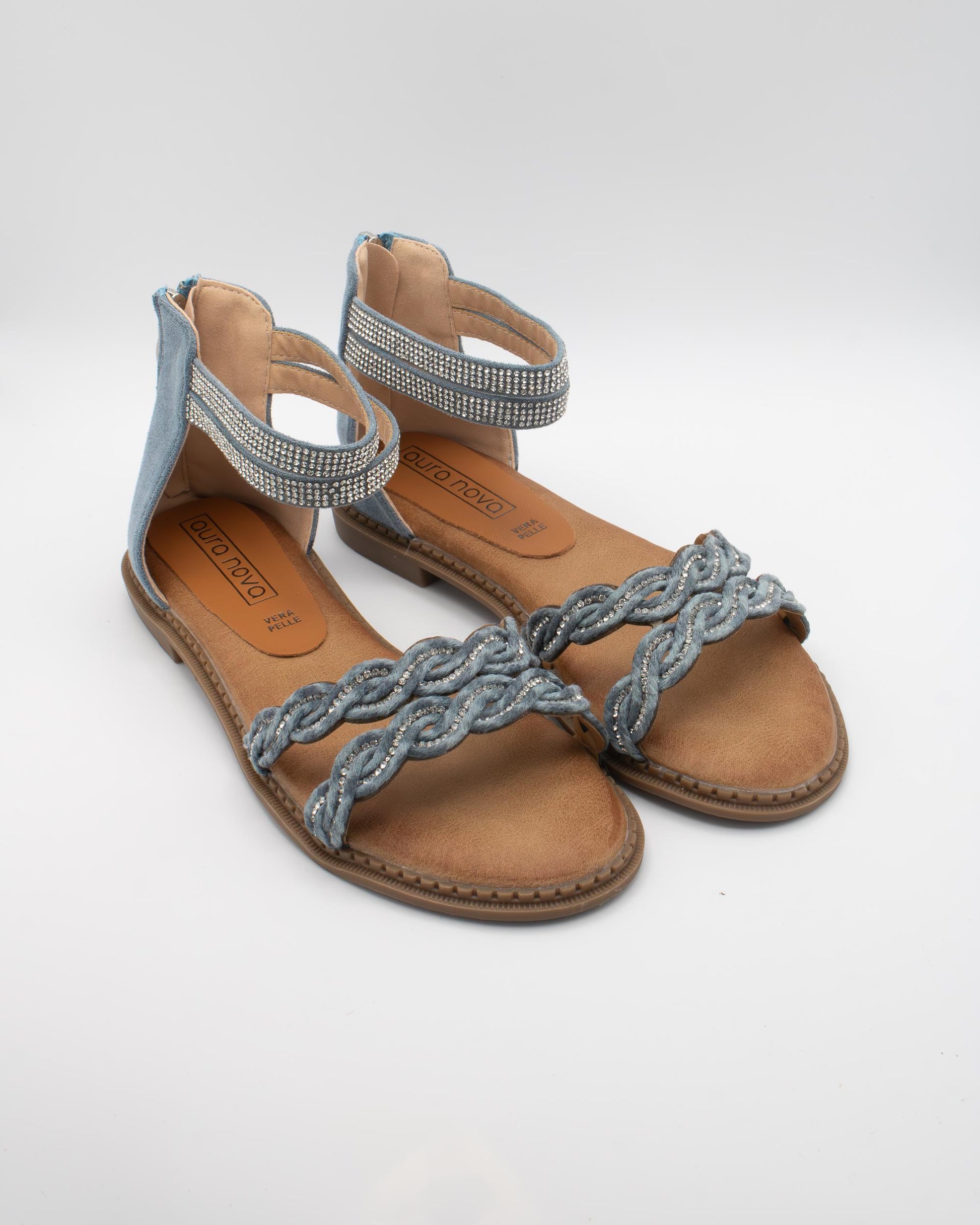 SANDALO FLAT INTRECCIATO STRASS BLU 