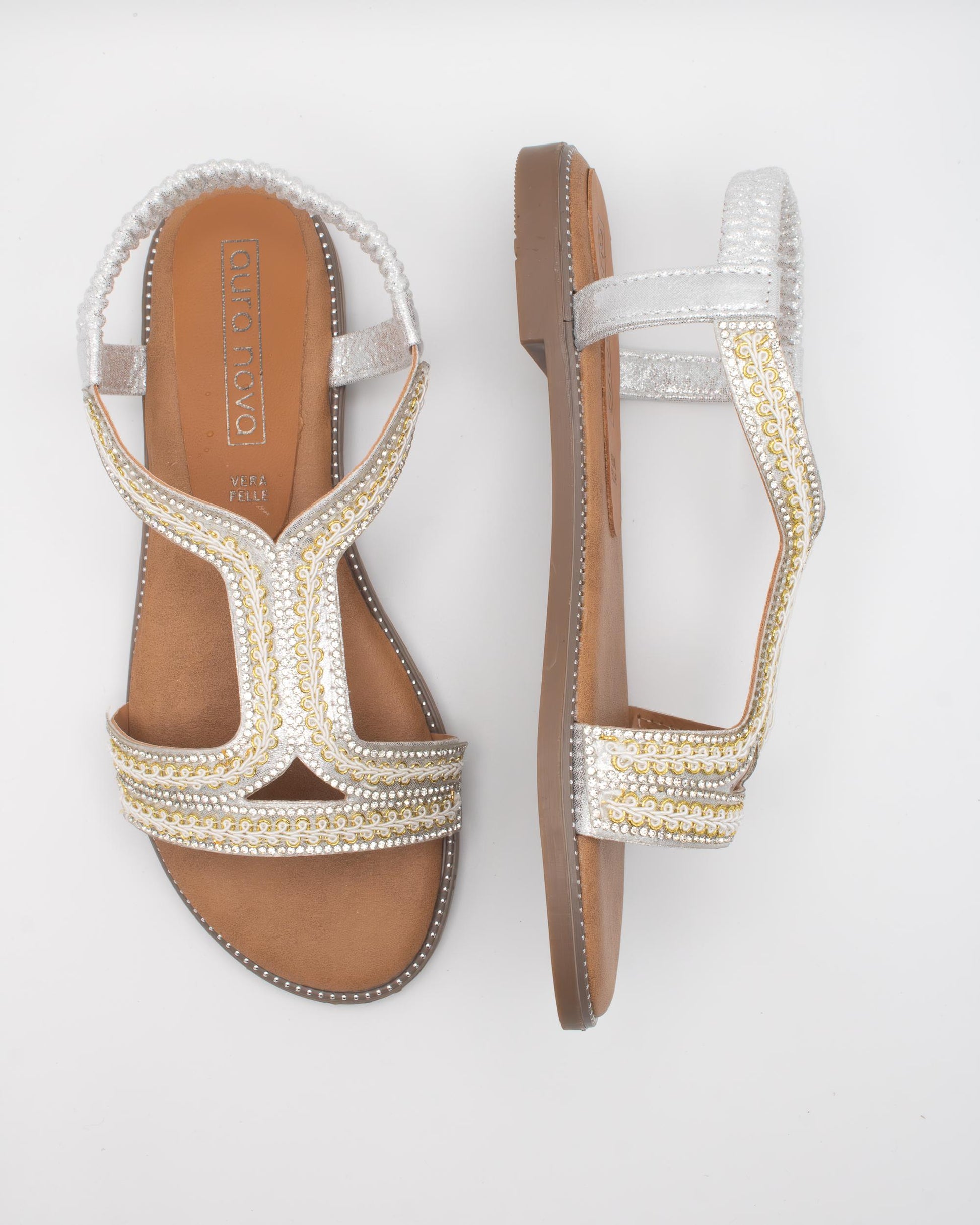 SANDALO FLAT BOHO RICAMO ARGENTO 