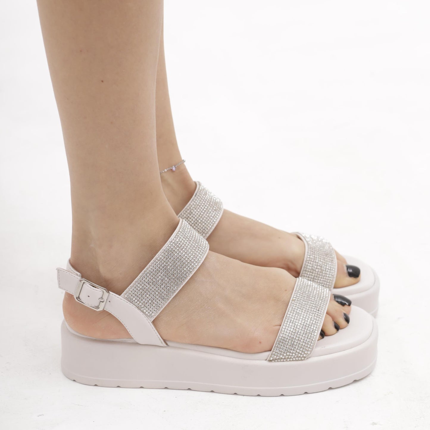 SANDALO FLATFORM STRASS BIANCO 