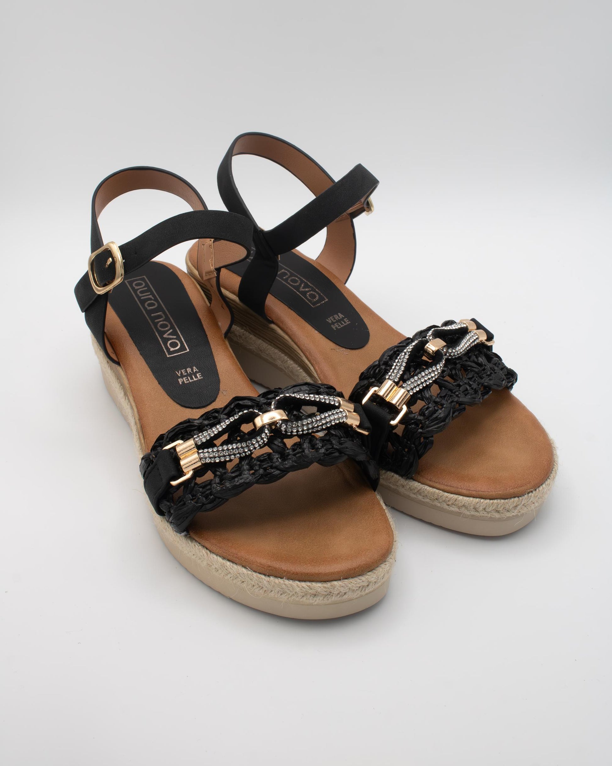 SANDALO ZEPPA RAFIA STRASS NERO 