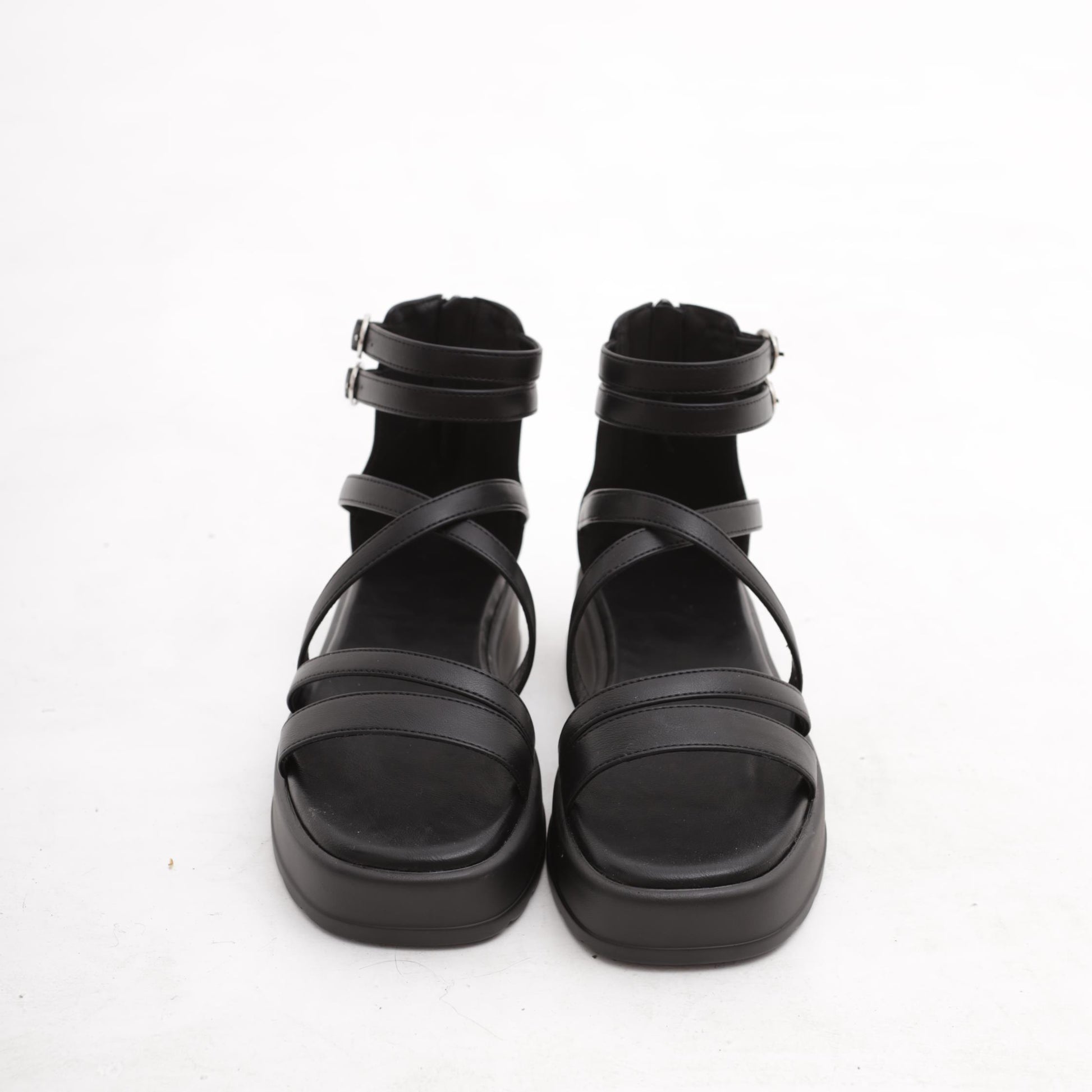 SANDALO FLATFORM FASCETTE NERO 