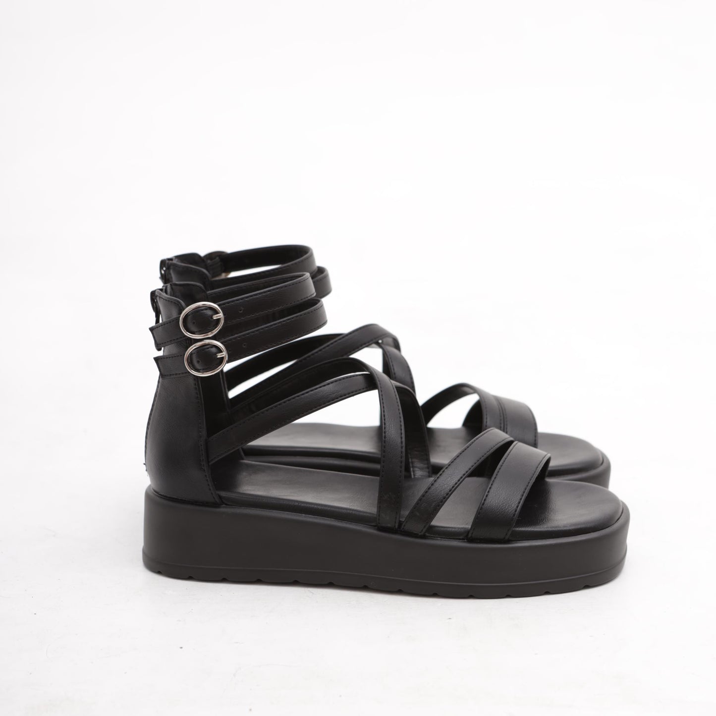 SANDALO FLATFORM FASCETTE NERO 