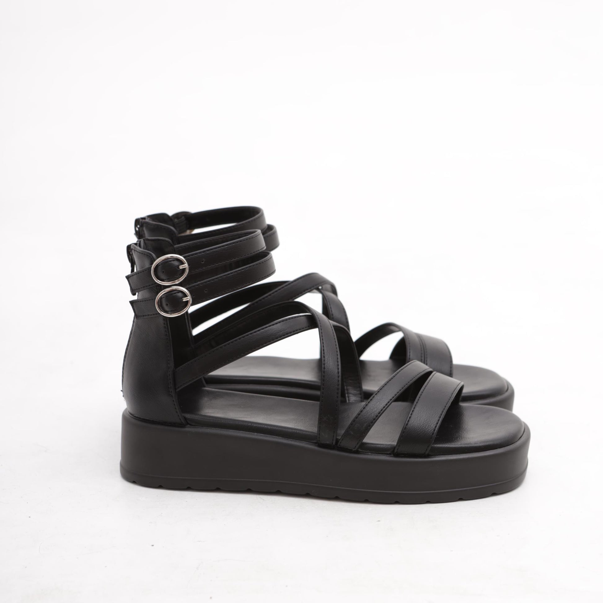 SANDALO FLATFORM FASCETTE NERO 