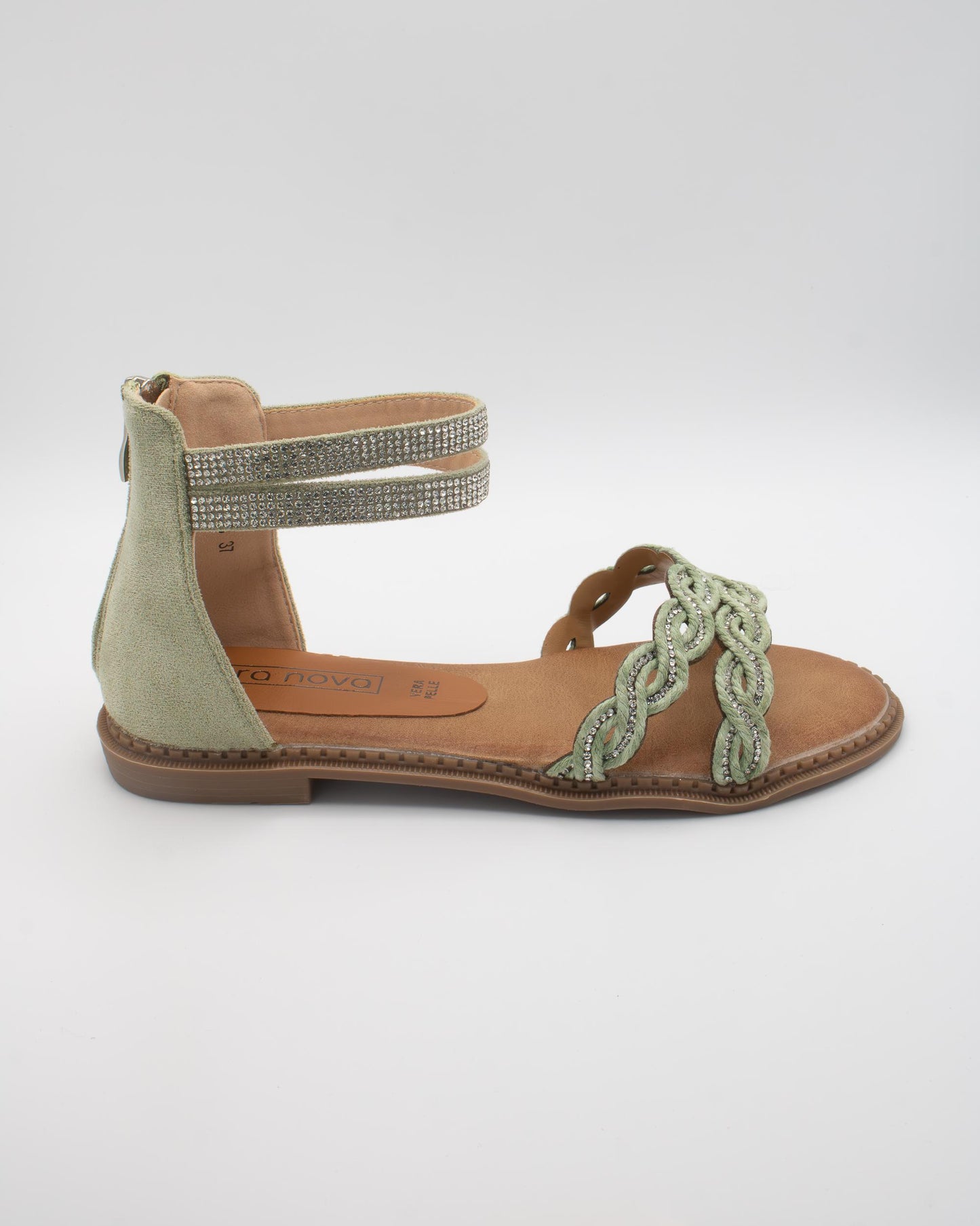SANDALO FLAT INTRECCIATO STRASS VERDE 