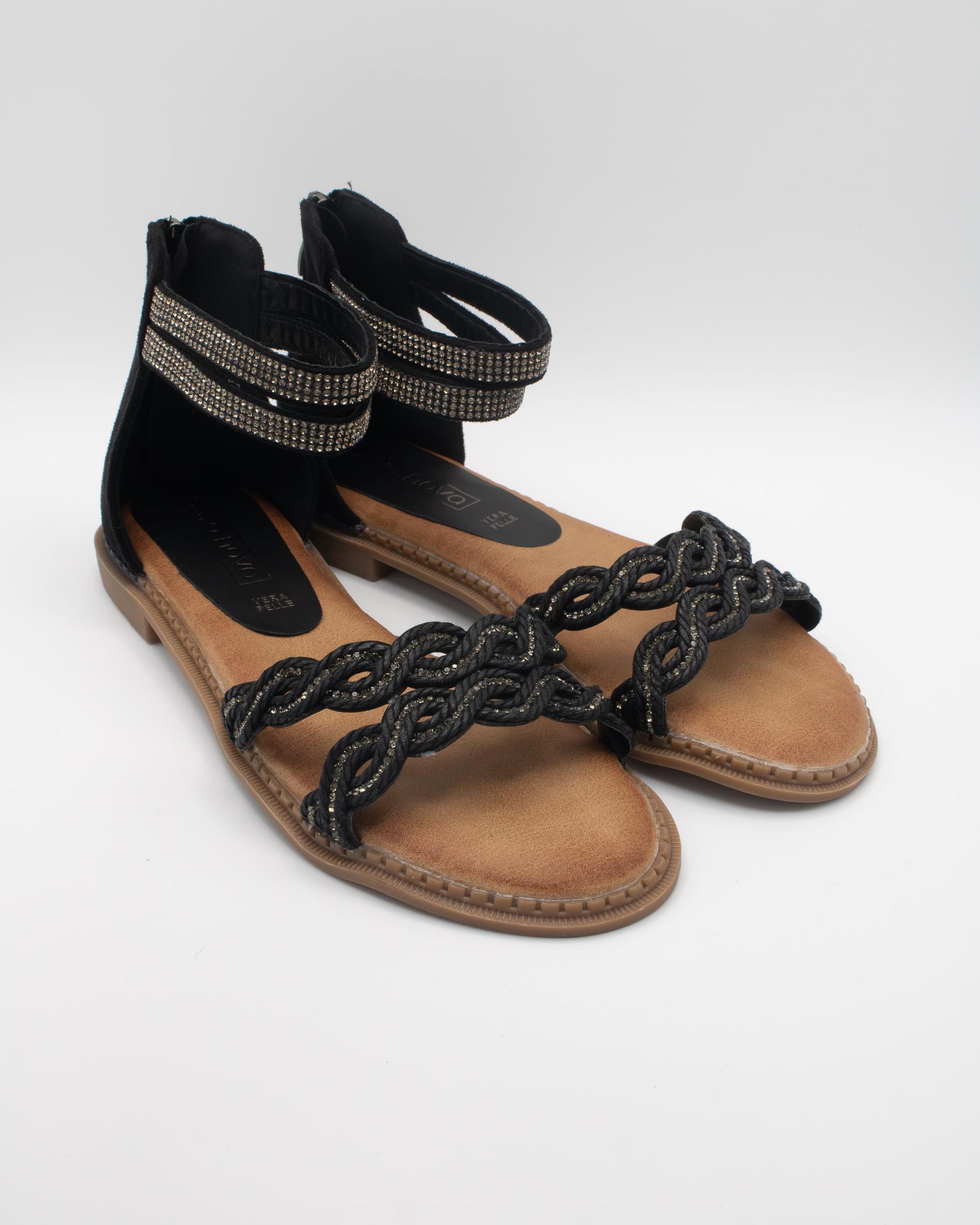 SANDALO FLAT INTRECCIATO STRASS NERO 