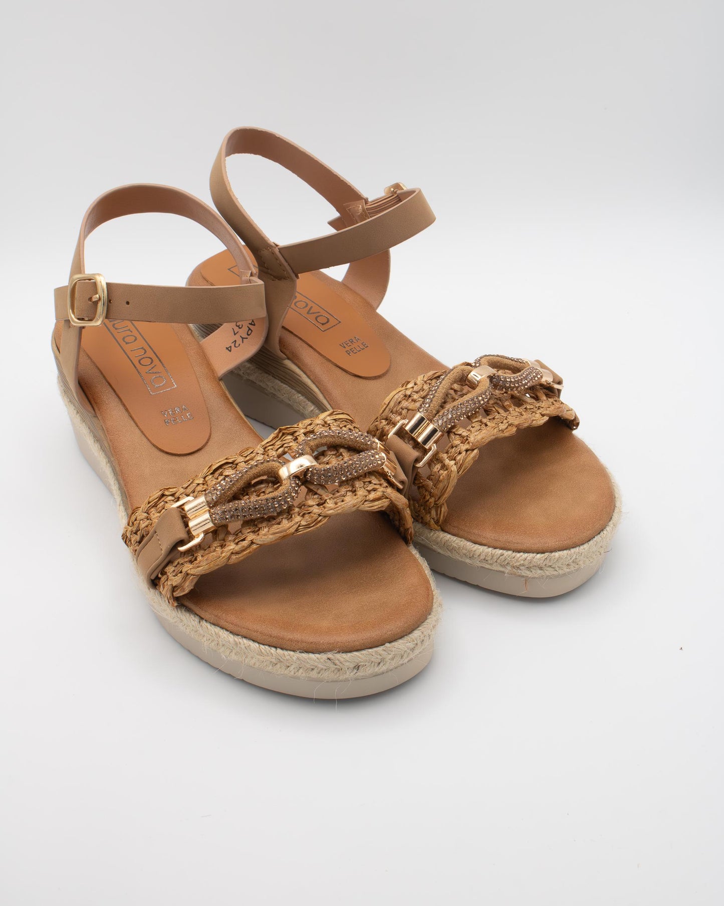 SANDALO ZEPPA RAFIA STRASS CAMEL 