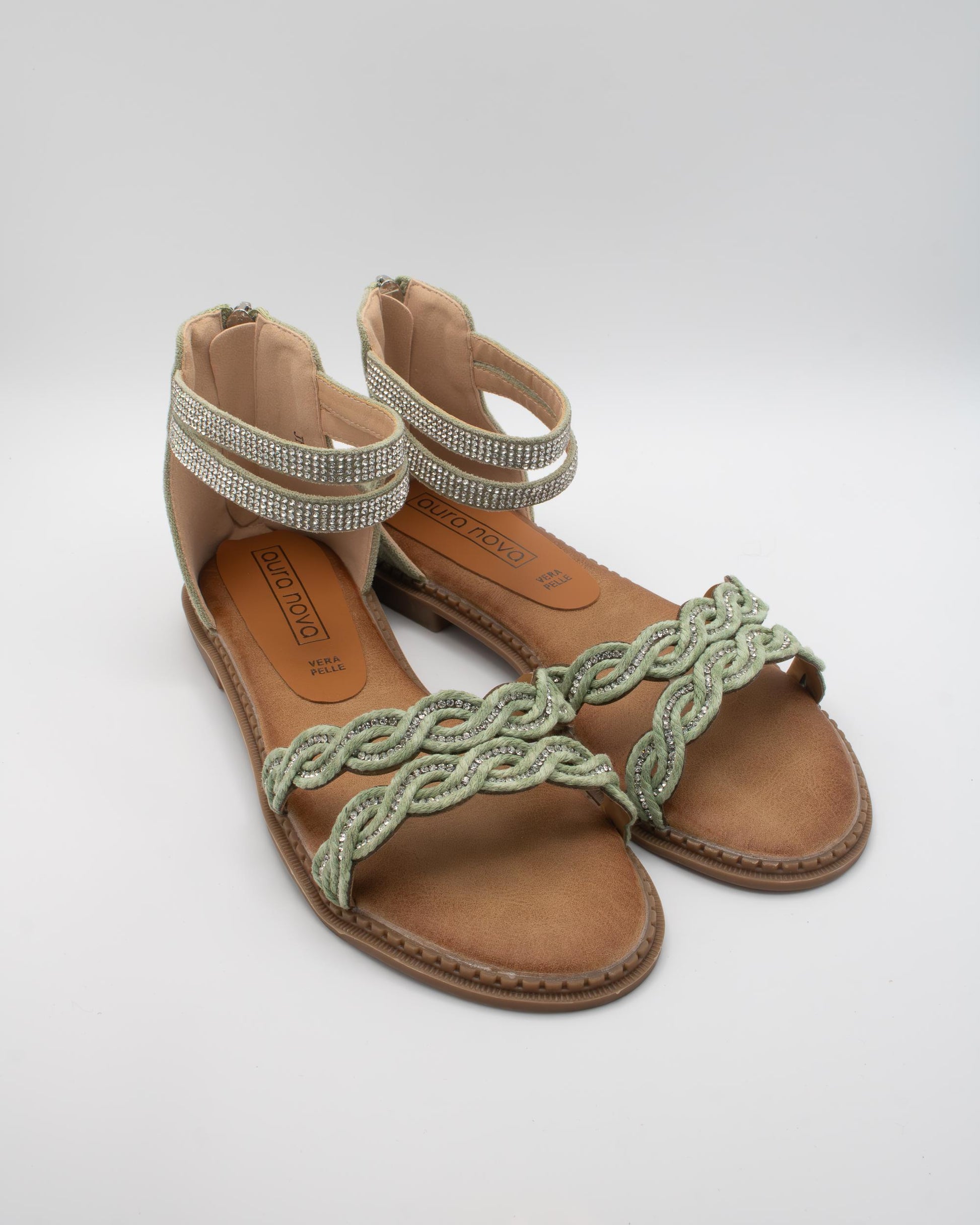 SANDALO FLAT INTRECCIATO STRASS VERDE 