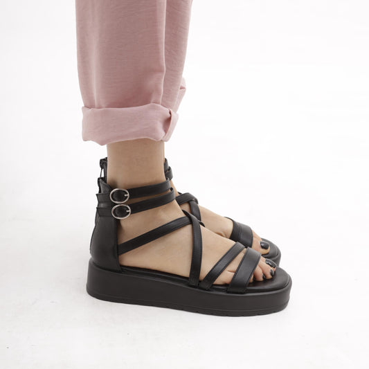SANDALO FLATFORM FASCETTE NERO 
