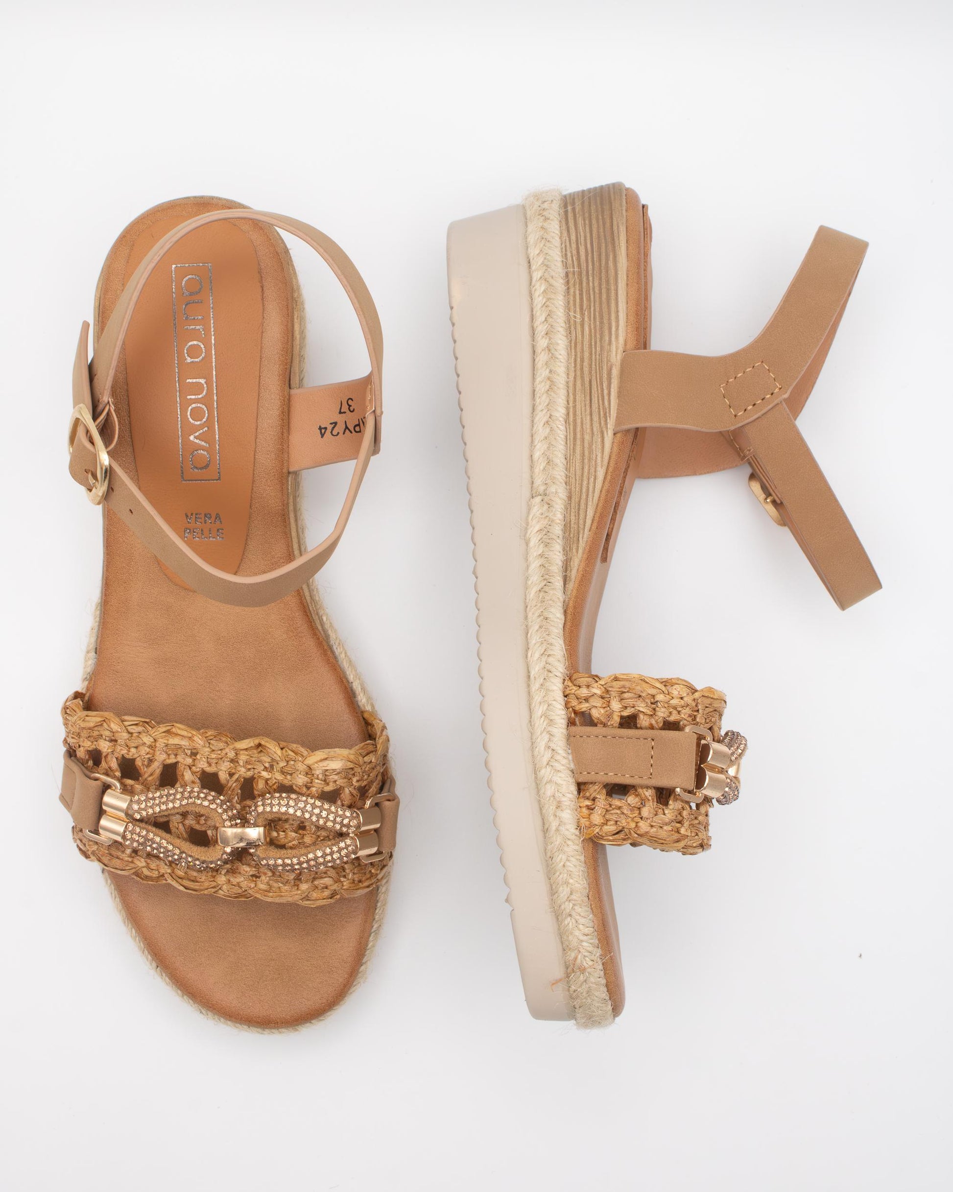 SANDALO ZEPPA RAFIA STRASS CAMEL 