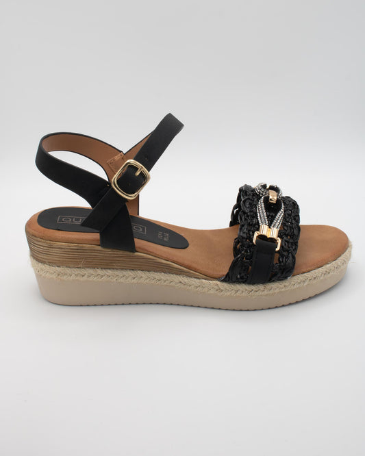 SANDALO ZEPPA RAFIA STRASS NERO 