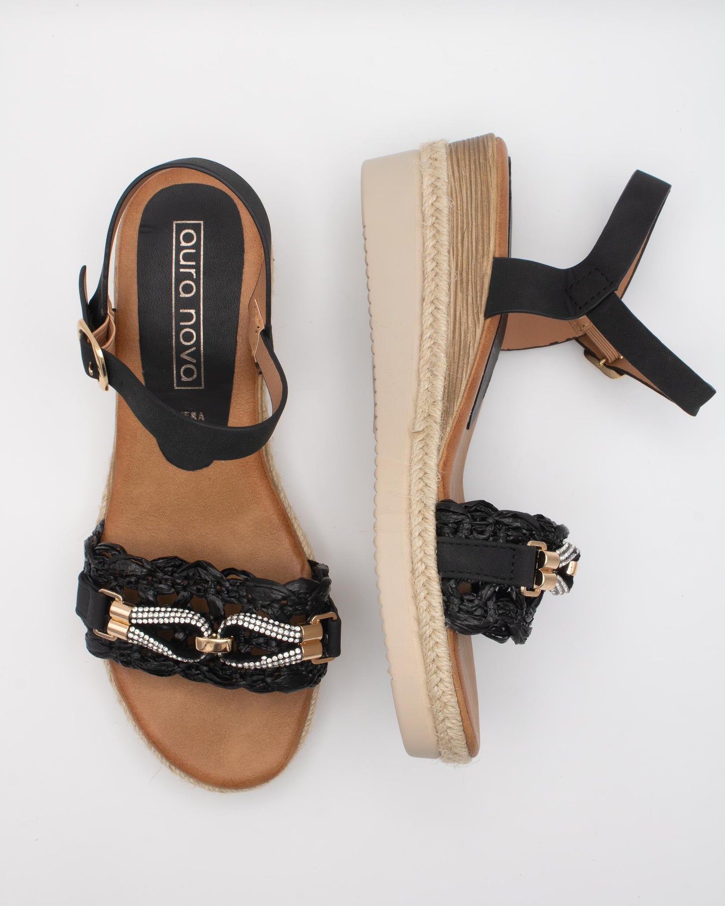 SANDALO ZEPPA RAFIA STRASS NERO 