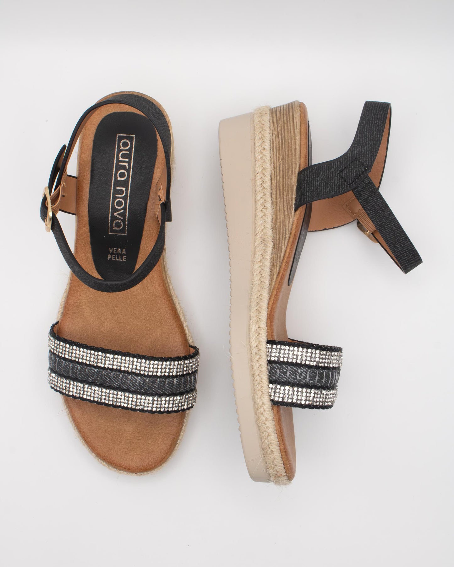 SANDALO ZEPPA TESSUTO STRASS NERO 
