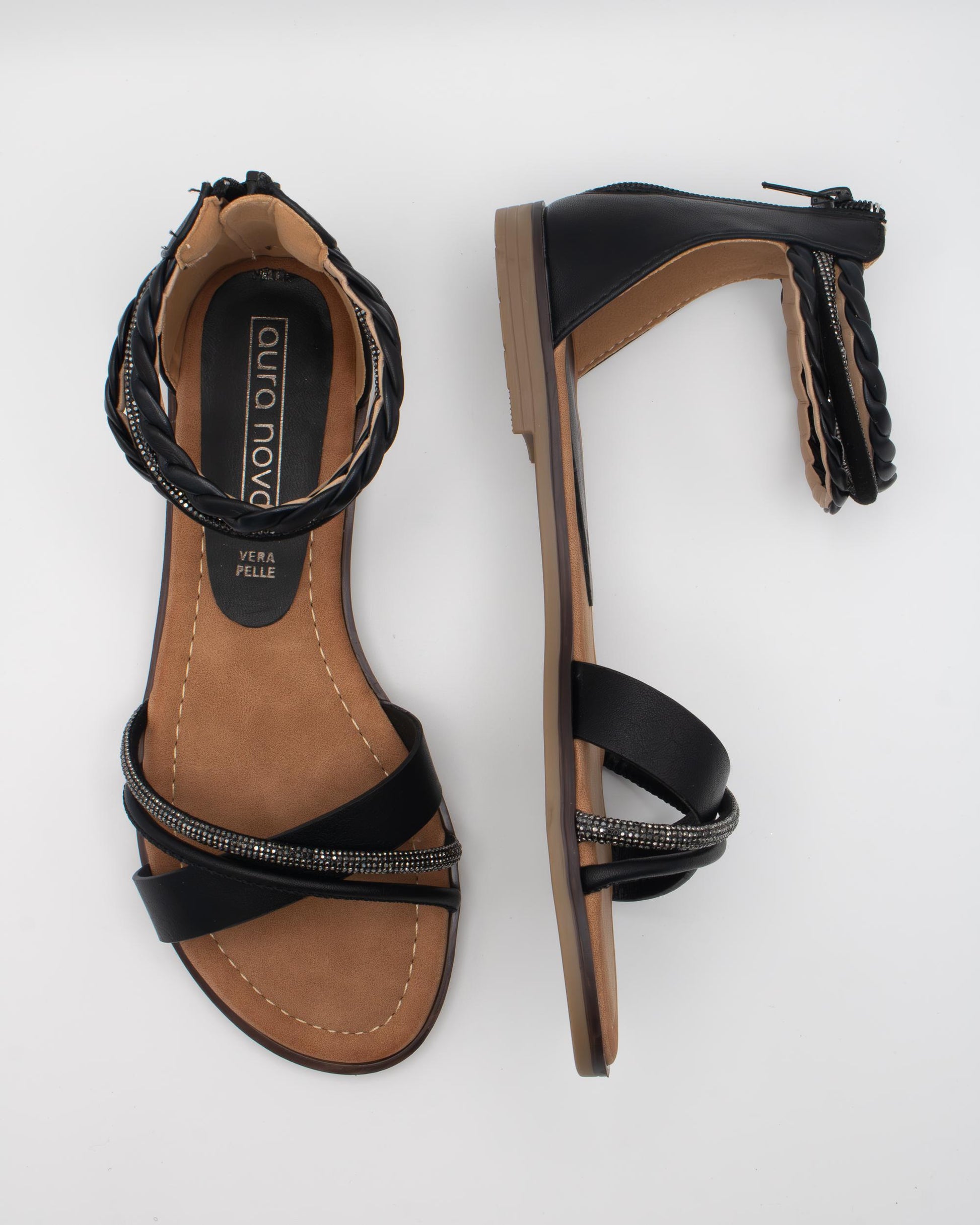 SANDALO FLAT STRASS TRECCIA NERO 
