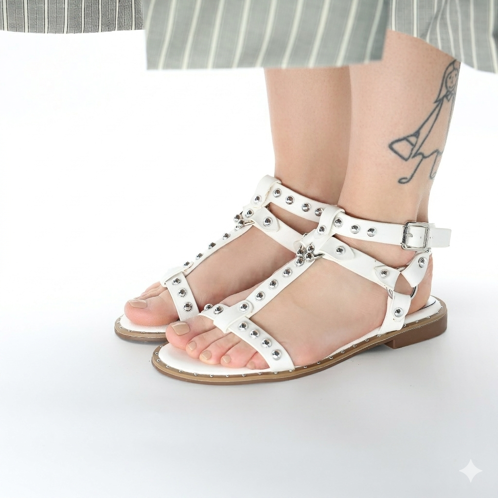SANDALO FLAT BORCHIE ANELLO BIANCO 